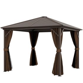 10x10 Hardtop Gazebo Canopy, Permanent Outdoor Pavilion with Aluminum Frame, Curtains & Hooks for Patio, Garden, Backyard & Deck (Option: Dark Brown)