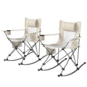 Folding Rocking Camping Chairs 2 Pack with Headrest, Cooler Bag & Cup Holder, Portable Outdoor Rocking Chairs with Carry Bag, Cream (Option: Cream)