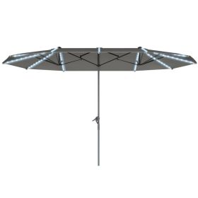 15ft Double Sided Outdoor Umbrella with Solar Lights, Extra Large Aluminum Patio Umbrella with Crank, Dark Gray (Option: Gray)